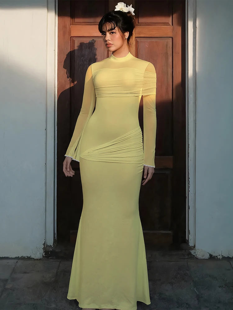 Nibber o-Neck Maxi Dress Women Mesh Long Sleeves Folds Elegant Temperament Autumn Trend Skinny Solid Banquet Simple Vestidos Aviola
