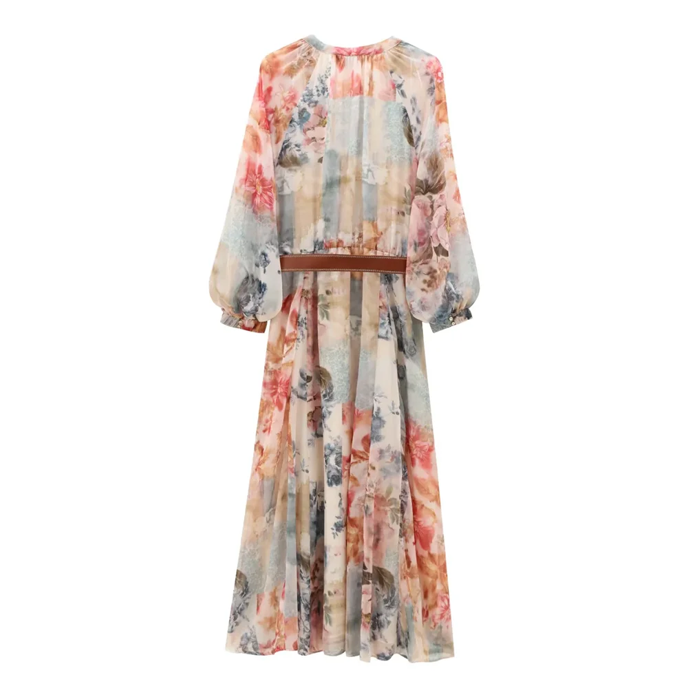 BM&MD&ZA2025Flower Print V-Neck Long Sleeve Loose Casual Dress with Belt Long Skirt Summer New Arrivals Women's Clothing Aviola