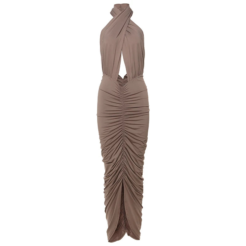 Nibber Ruffles Sexy Backless Women Dress Fashion Peach Buttocks Sleeveless Stretch Summer Midnight Cross Halter Maxi Bodycon Aviola