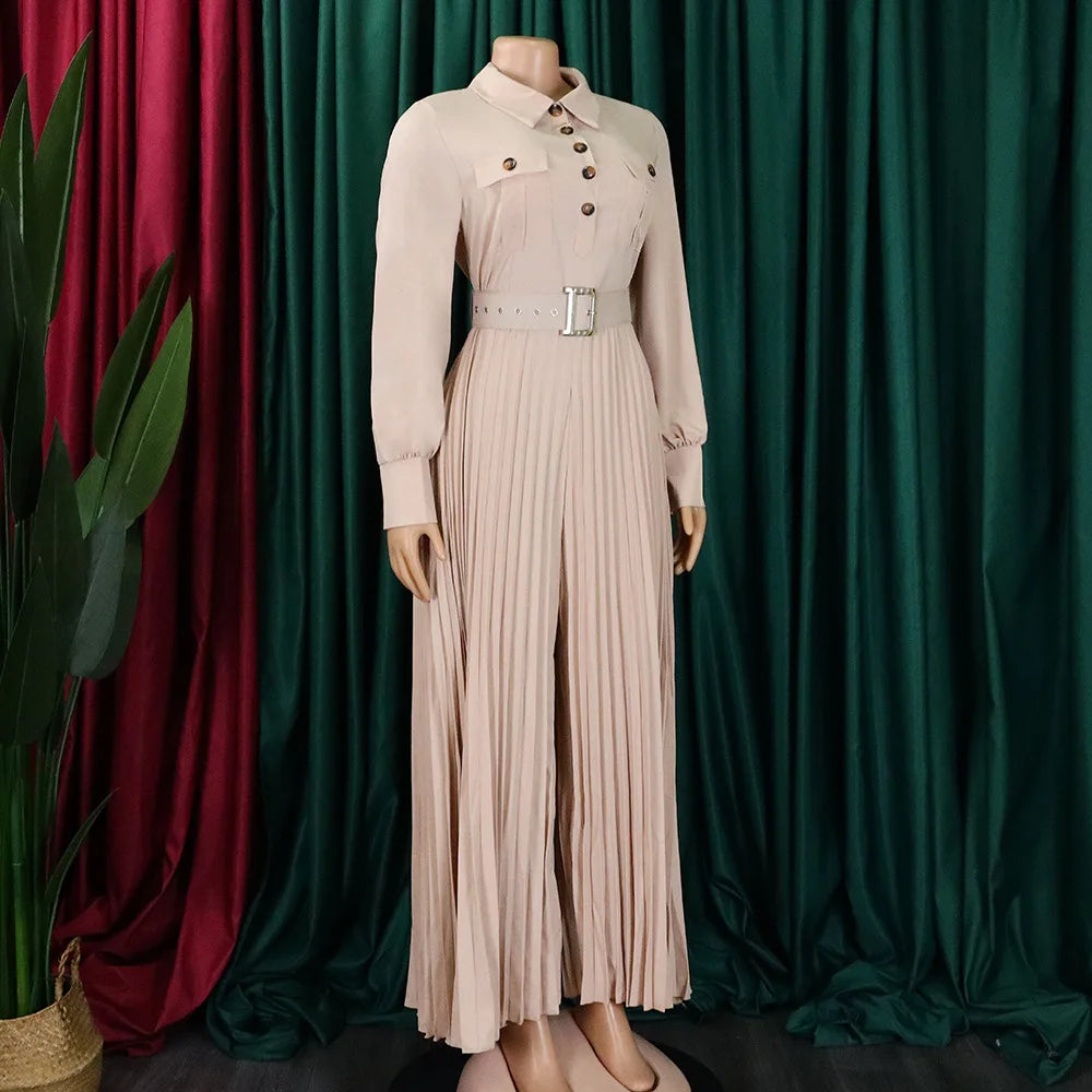 pleated Jumpsuits Women Single Breasted Long Sleeve Rompers Overalls Wide Leg Pants Spliced Sashes Slim Fit One Piece Button Aviola