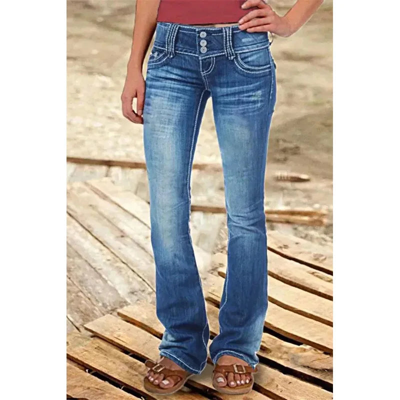 Mid Waist Flared Jeans Women Button Casual Straight Leg Pants New 2023 Summer Pocket Hole Female Loose Office Lady Slim Pants Aviola