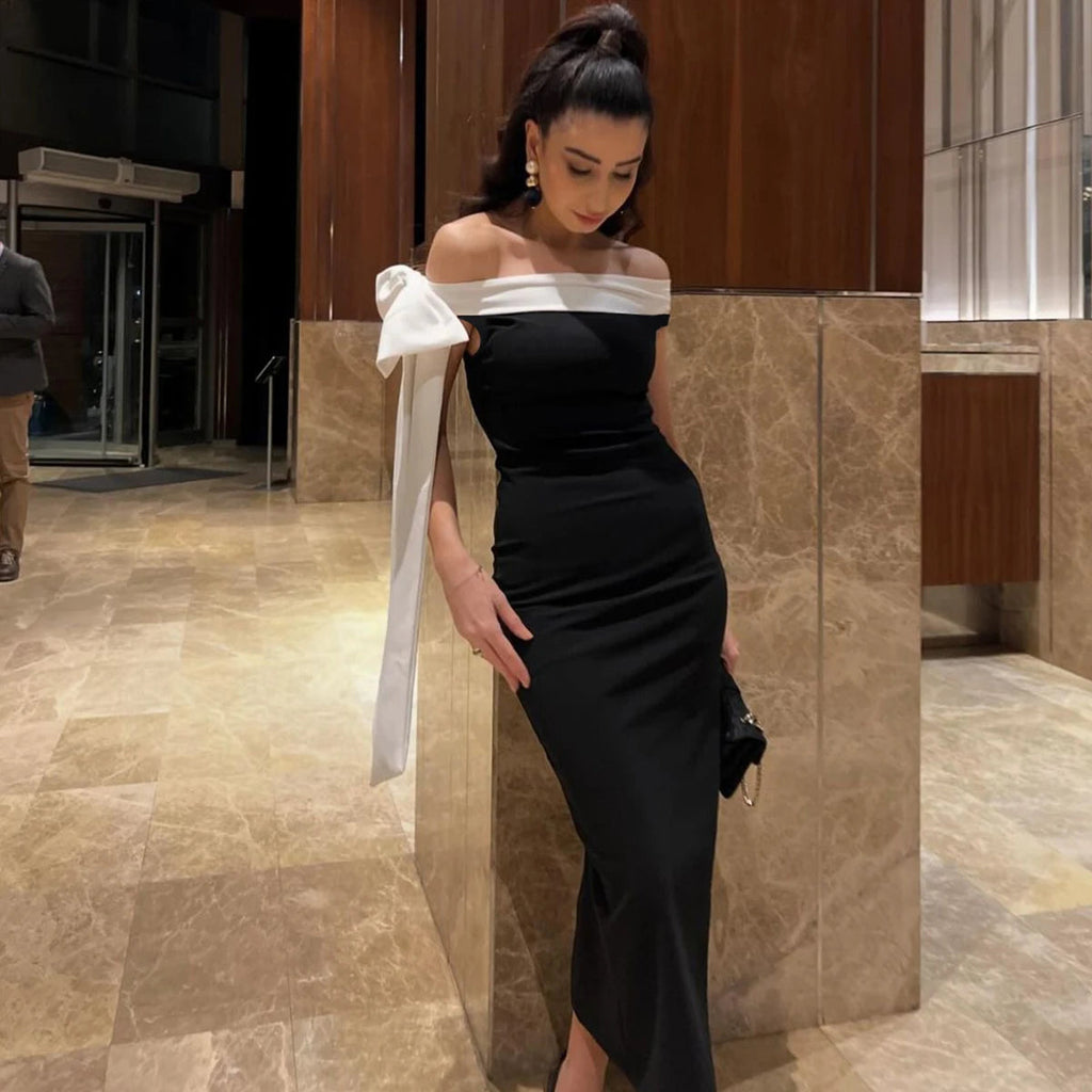 Nibber Black White Patchwork Woman Dress Elegant Bow One Shoulder Sleeveless Frenulum Temperament Skinny Noble Gown Vestidos Aviola