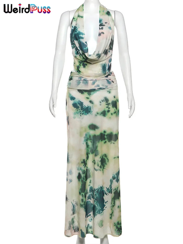 nibber Backless Halter 2Peice Set Woman Print Summer Swinging-Collar Bandage Tank Tops+Mesh Ruffles Tie-Dye Skirt Matching Suit Aviola