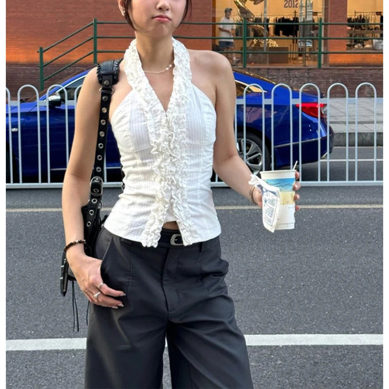 MEXZT Y2K Cropped White Shirts Women Aesthetic Sexy Halter Ruffles Blouses Summer Korean Fashion Off Shoulder Slim Design Tops Aviola
