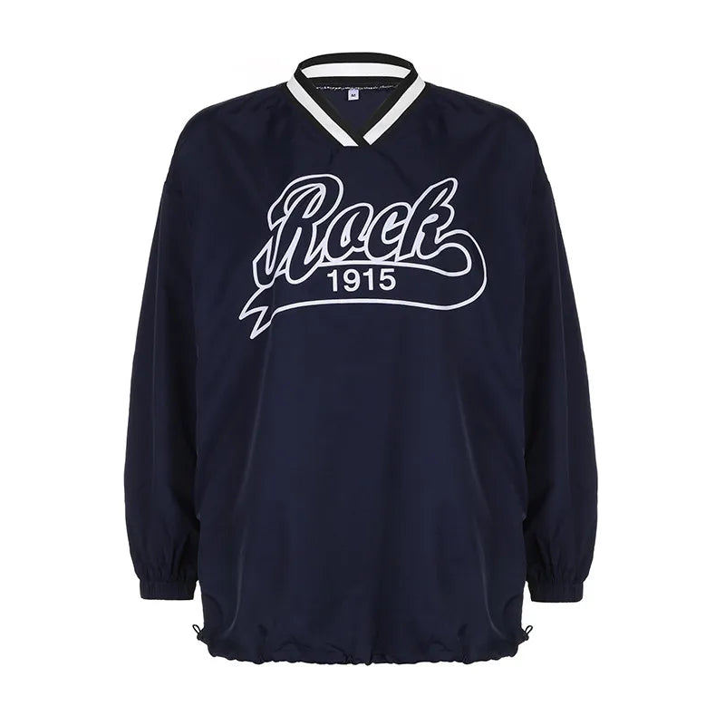 nibber Letter Print Pullover Tops Women Sporty Casual Hipster Long Sleeve Thin V-Neck Lose T-Shirt Wild Streetwear Trend Tees Aviola