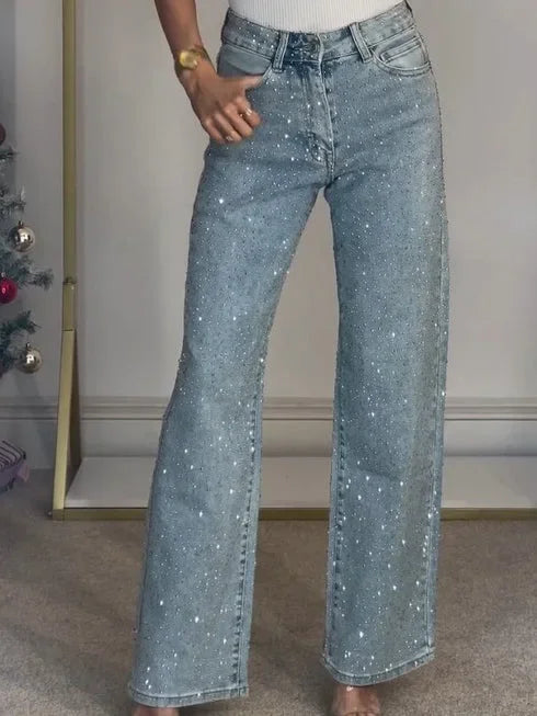 Jeans for Women Straight Diamonds Pants Stretch High Waist Washed Mom Jeans Vintage Denims Streetwear Y2k Streetwear Trousers Aviola
