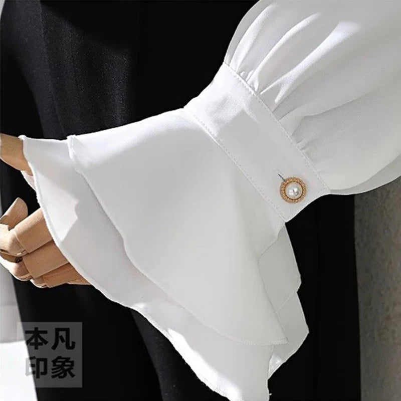 MEXZT Vintage White Shirts Women Elegant Ruffles Flare Long Sleeve Blouses Office Ladies Korean Single Breasted Design Chic Tops Aviola
