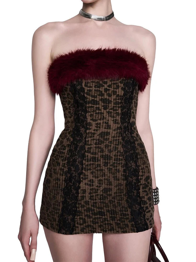 nibber sexy furry wrap woman dress Leopard print Patchwork Sleeveless backless Wild skinny party hot chick midnight mini bodycon Aviola