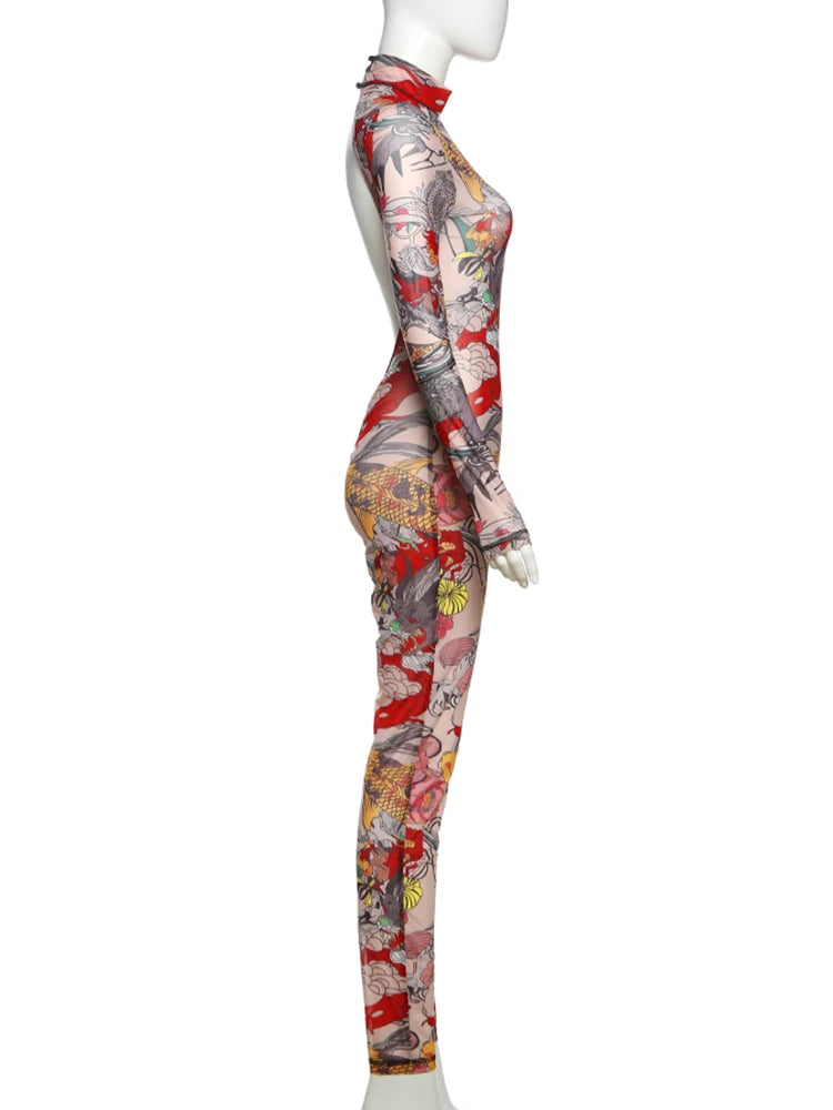 Nibber See Through Jumpsuit Women Backless Colorful Print Midnight Party Sexy Full Sleeve Hipster Street Thin Workout Overalls Aviola
