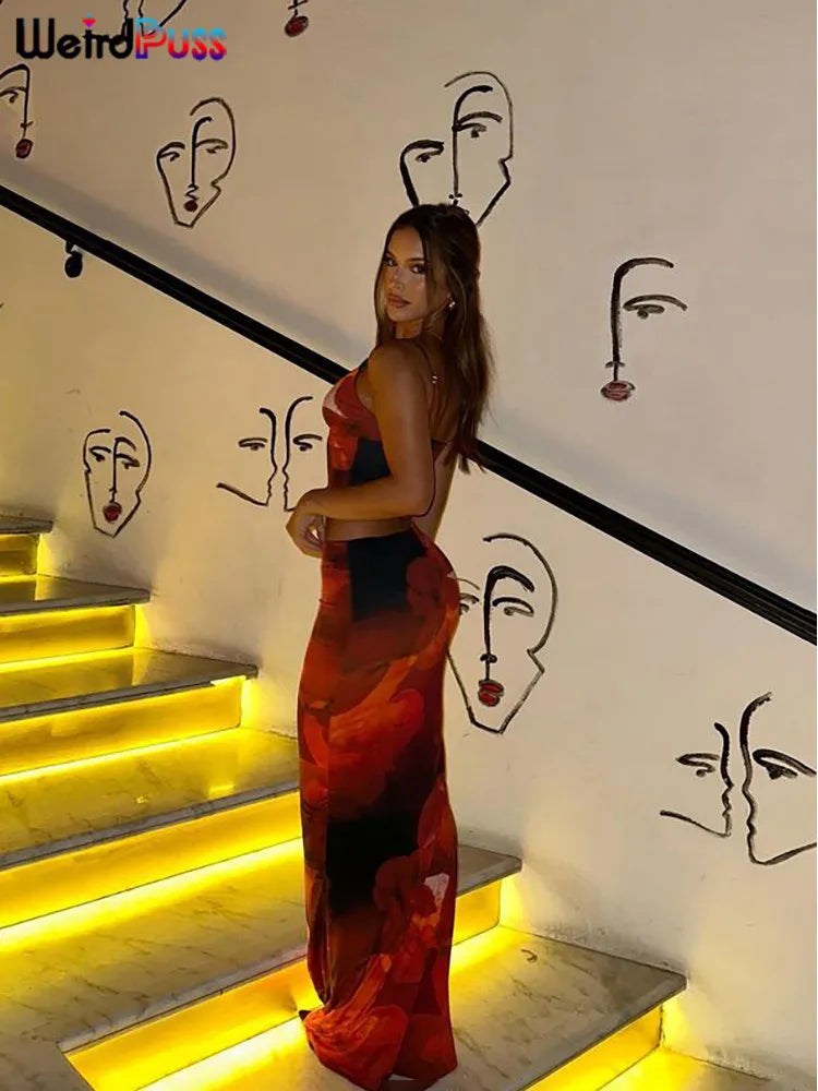 nibber Tie-Dye Print 2 Piece Set Women Summer Y2K Fashion Hipster Elegant V-Neck Camisole+Maxi Skirts Matching Streetwear outfit Aviola