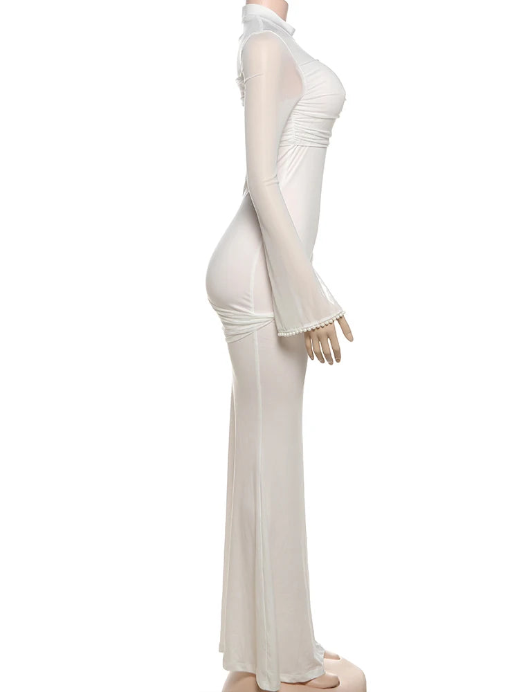 Nibber o-Neck Maxi Dress Women Mesh Long Sleeves Folds Elegant Temperament Autumn Trend Skinny Solid Banquet Simple Vestidos Aviola