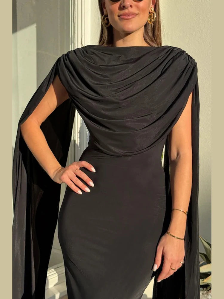 Nibber Backless Maxi Dress Women Folds Tassel Sleeveless Skinny Solid High Stretch Elegant Banquet  Birthday Party Long Bodycon Aviola