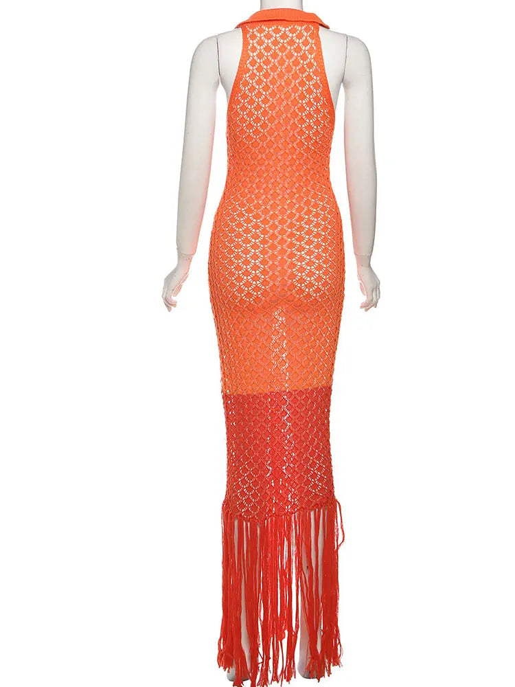 Nibber Tassel Mesh Patchwork Dress Women Solid See Through Sexy Sheath Y2K Casual Summer Trend Midnight Clubwear Party Vestidos Aviola