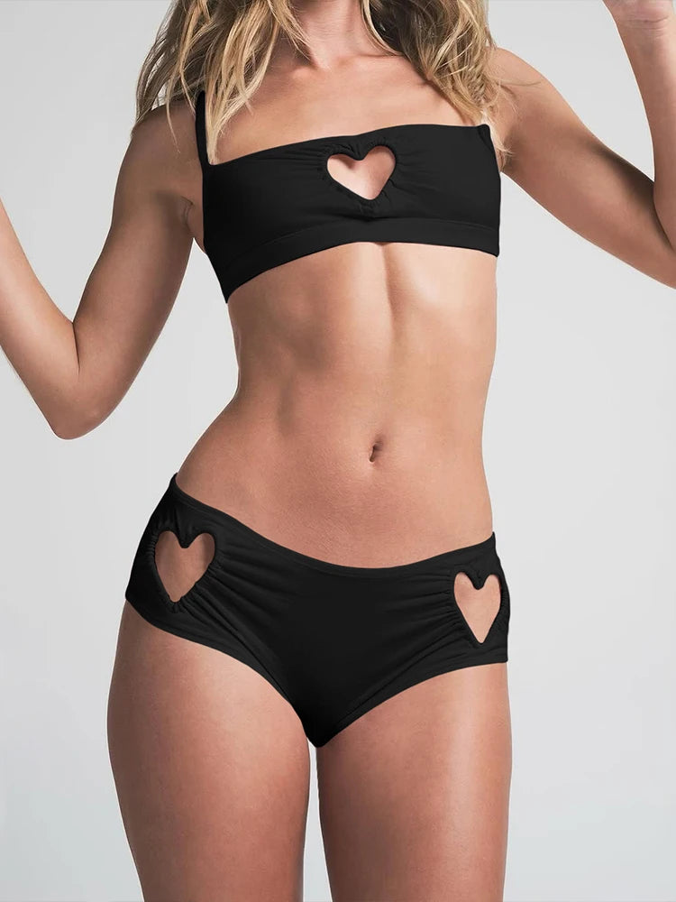 Nibber Sexy Heart Hollow 2 Piece Set Women Simple Vacation Camisole+Panties Beach Style Matching Stretch Street Comfortable Suit Aviola