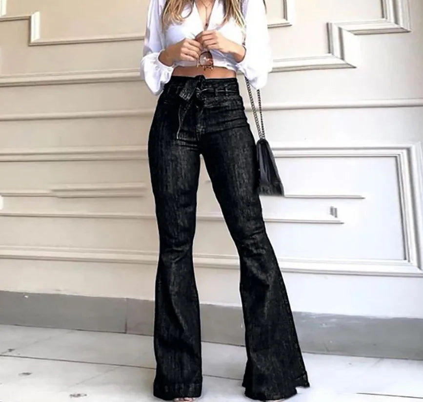Women Jeans Solid Color High Waist Flare Pants Zipper Fly Flat Pockets Streetwear Slim Patchwork Button Slight Strech Belt Aviola