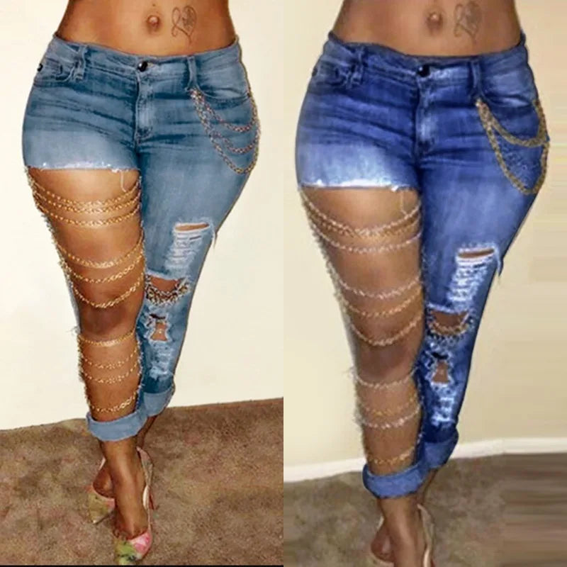 Women Jeans Pencil Pants Denim Sexy Big Holes Chain Washing Slim Pockets Streetwear Spring 2024 Slight Strech Solid Color Aviola