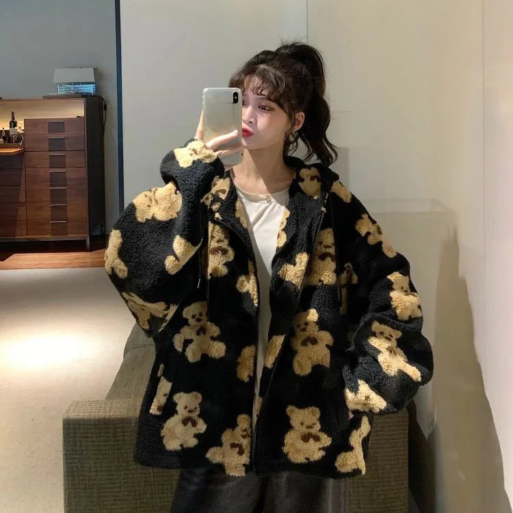 Y2K imitation lamb plush women's cotton jacket, little bear couple loose and lazy style, winter thick hooded jacket Aviola