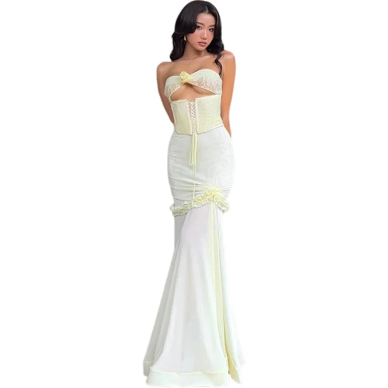 Nibber Sexy Patchwork Mesh Maxi Fishtail Dress Women Ruffles Hollow Bandage Elegant Temperament Vacation Birthday Party Vestidos Aviola