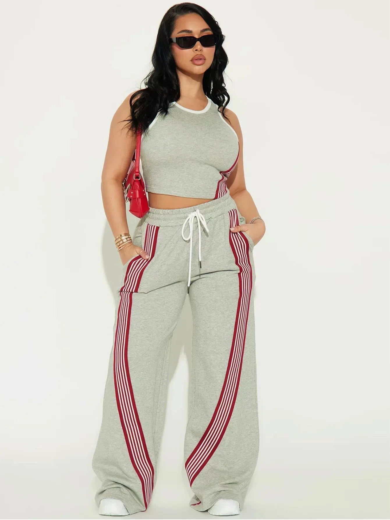 Two Piece Sets Women Sports Suit Vest Top Wide Leg Pants Striped Elastic Waist Matching Sets Trousers Sportswear 2025 Tracksuit Aviola
