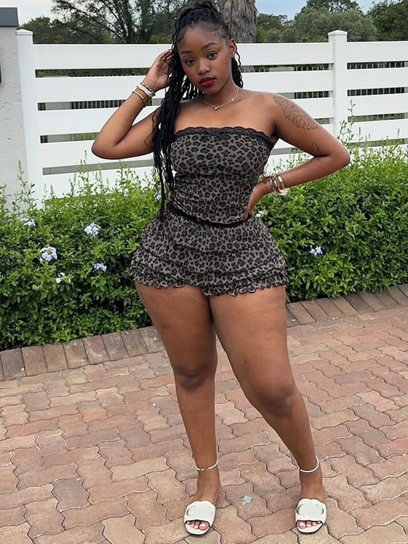 Nibber Sexy Leopard Print 2 Piece Set Women Mesh Patchwork Strapless Tops+Ruched Tierred Shorts  Hottie Street Hipster Suits Aviola