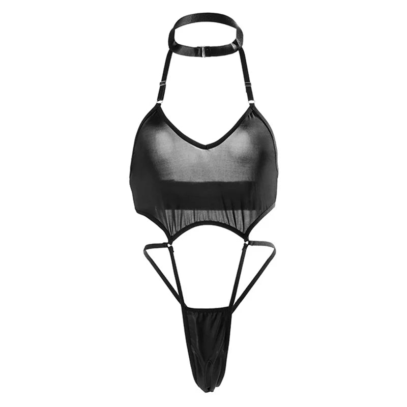 Halter Erotic Lingerie With G-string Women Hollow Pajamas Set Deep V Robe Sexy Nightwear Open Crotch Bodysuit Teddy Pajama Sets Aviola