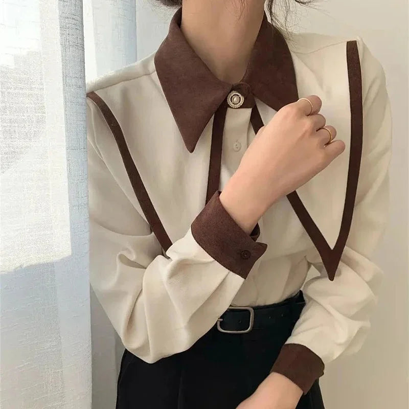 MEXZT Vintage Elegant Shirts Women Chiffon Patchwork Ruffle Turn Down Collar Long Sleeve Blouse Korean Office Lady Loose Tops Aviola