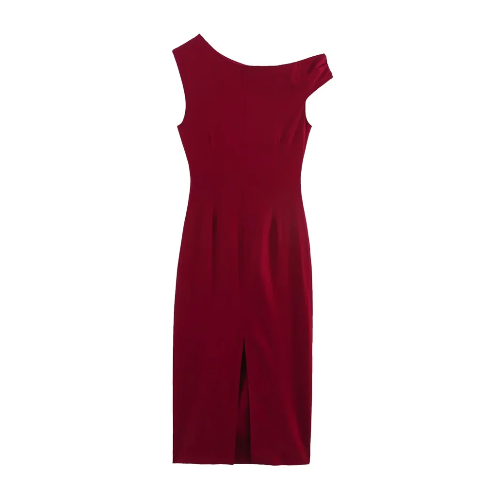 BM&MD&ZA2025French simple pleated oblique shoulder asymmetrical collar slim dress summer new women's clothing Aviola