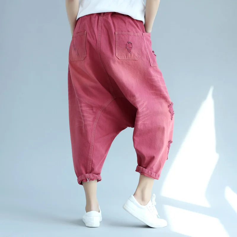 Denim Pant Women Jeans Calf Length Pants High Waist Straight Trousers Y2k Streetwear Elegant Mom Jeans Casual Hole Loose 2025 Aviola