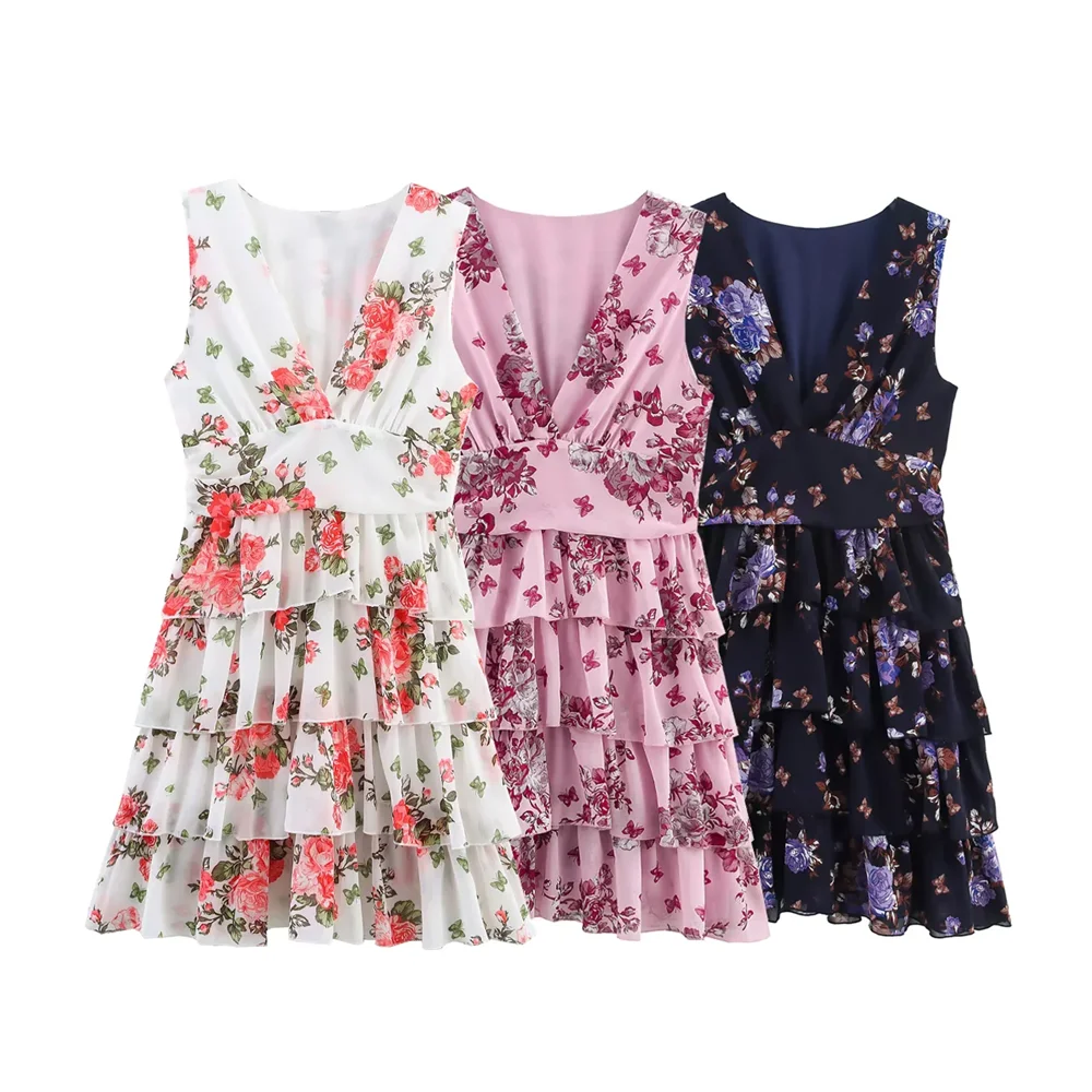 BM&MD&ZA2025multi-layer printed V-neck sleeveless layered decorative floral dress new summer women's clothing Aviola