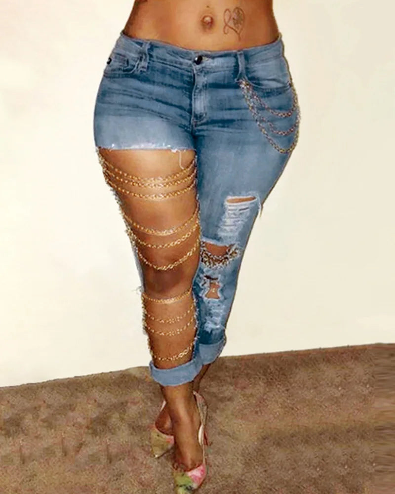 Women Jeans Pencil Pants Denim Sexy Big Holes Chain Washing Slim Pockets Streetwear Spring 2024 Slight Strech Solid Color Aviola