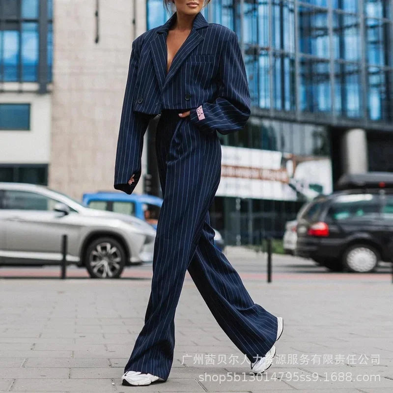 Women Tracksuit Two Pieces Set Long Sleeve Turn Down Collar Cardigan Wide Leg Pants Loose Fit Pockets Striped Office Lady Aviola