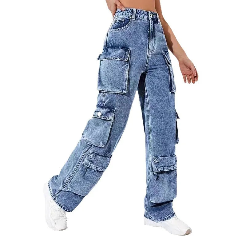 Women Jeans Zipper Fly Flat Cargo Pants Denim Pockets Clamshell High Waist Loose Mom Jeans Winter Clamshell Streewear Color Aviola