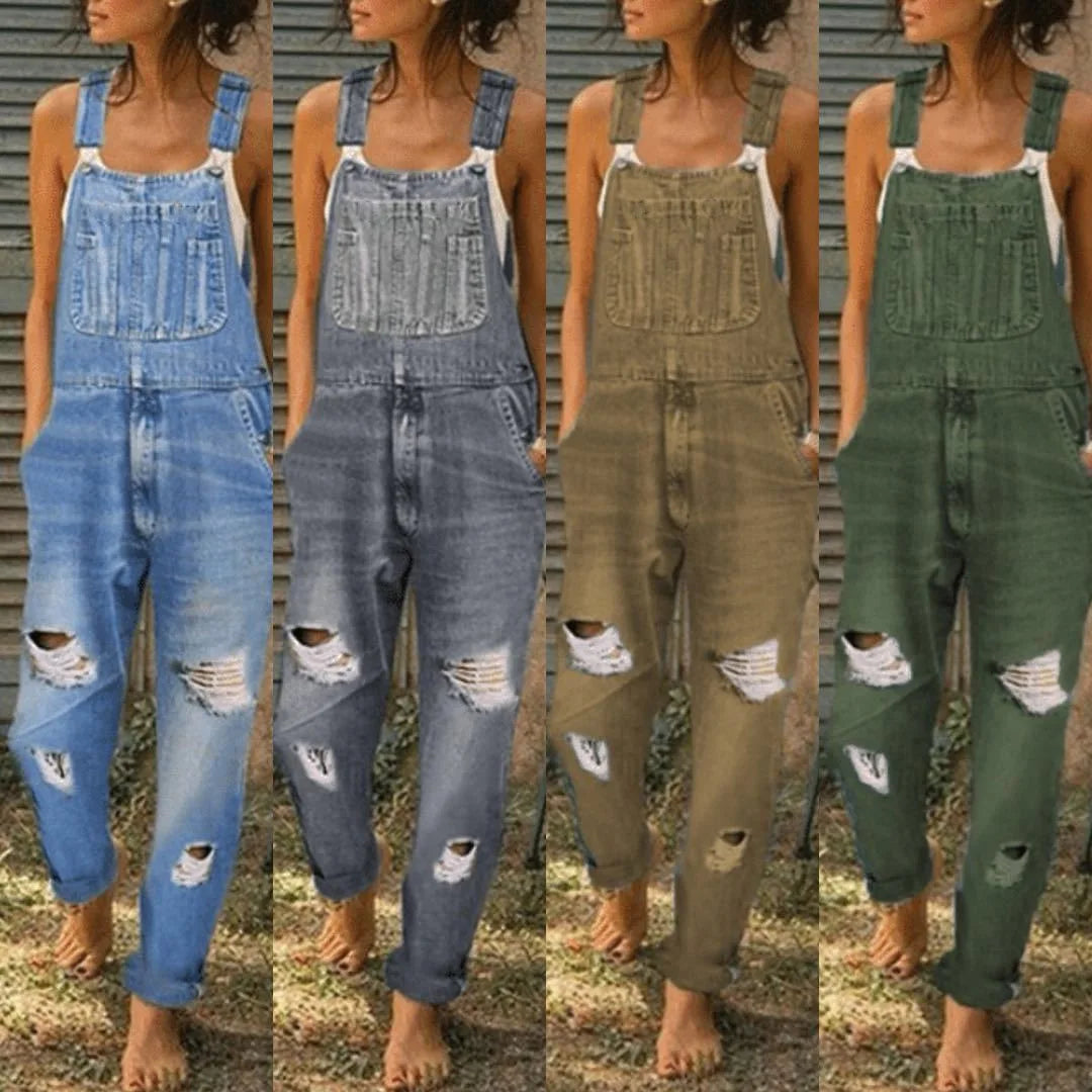 Women Jeans Overalls Holes Washing Denim Mid Waist Ankle Length Straight Pants One Piece Pockets High Street Casual Sports Aviola