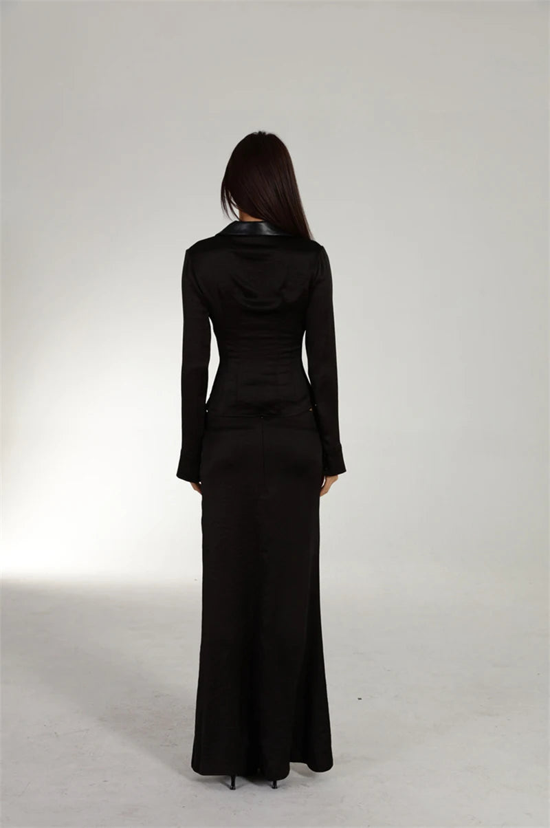 MEXZT Vintage Black Shirts Women Elegant Cropped Satin Long Sleeve Blouses Office Ladies Korean Turn Down Collar Design Tops New Aviola