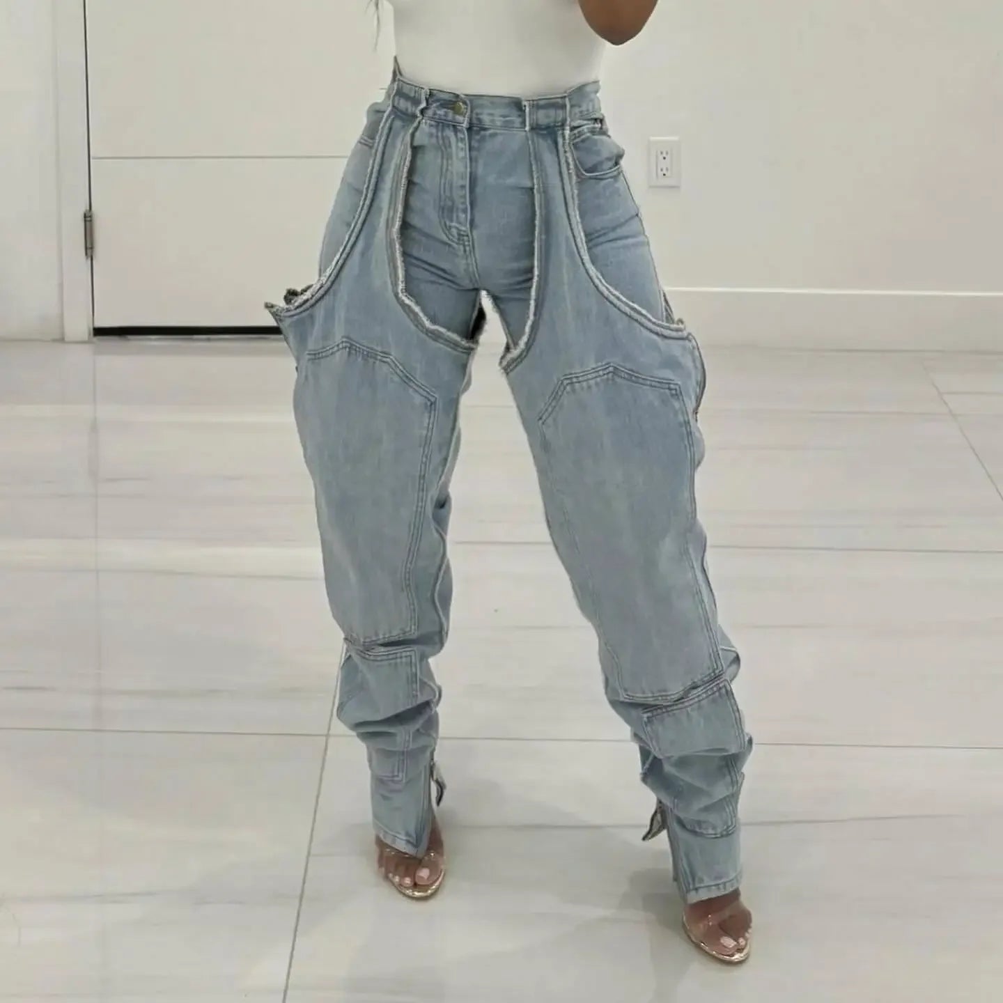 Mom Jeans Straight Pants Women Hollow Out Zipper High Strecth Pockets Irregular Denim Vintage Y2k 2025 Trousers Streetwear Aviola