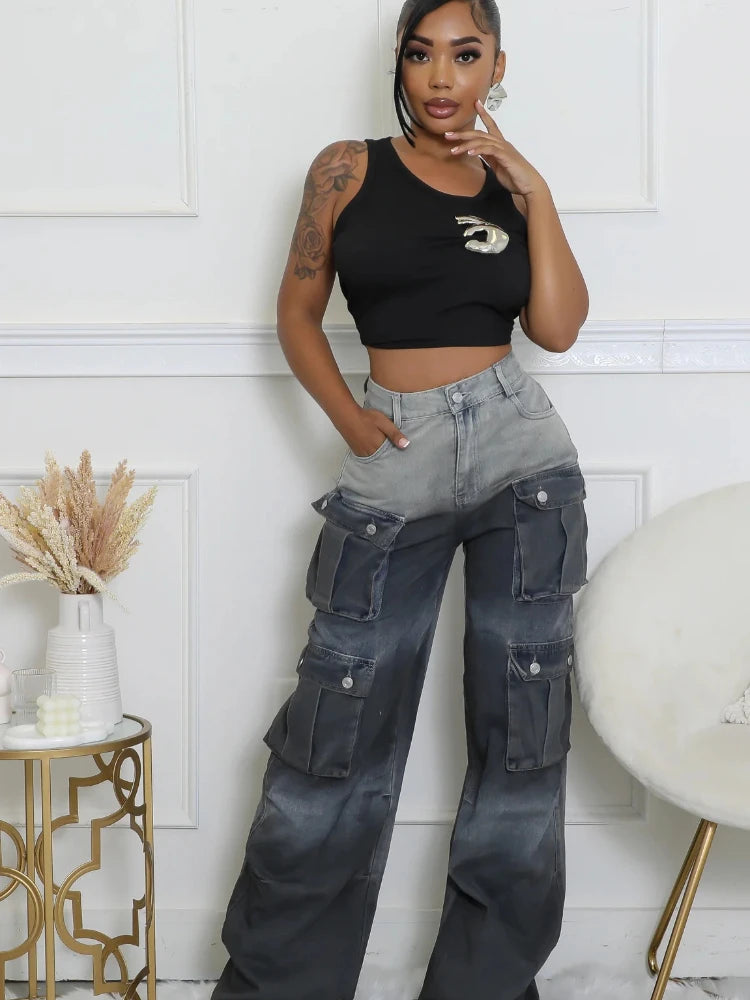 Jeans Women Denim Long Pant Cargo Pants Gradation Pockets High Waist Straight Trousers Y2k Streetwear Party Club Casual Loose Aviola
