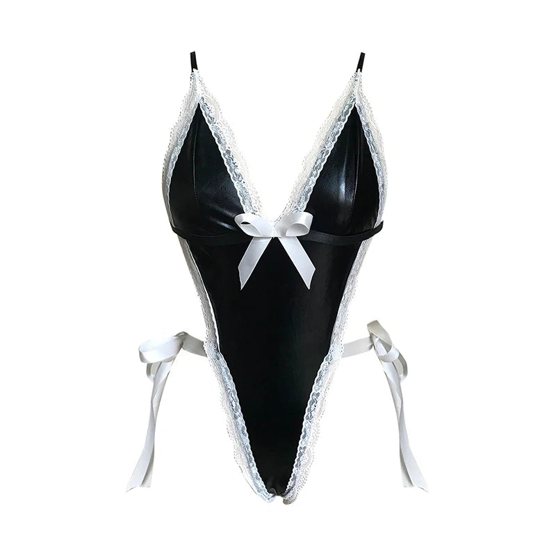 Latex Leather Underwear Women Hollow Bra Set Erotic Costumes Backless V Neck Baby Doll Dress Plus Size Corsets Sexy Lingerie Set Aviola