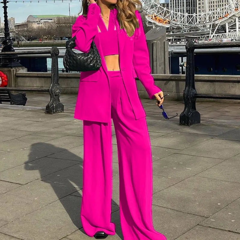 Women Tracksuit Three Pieces Set Turn Down Collar Cardigan Single Button Solid Outerwear Pockets Wide Leg Pants Office Lady Aviola