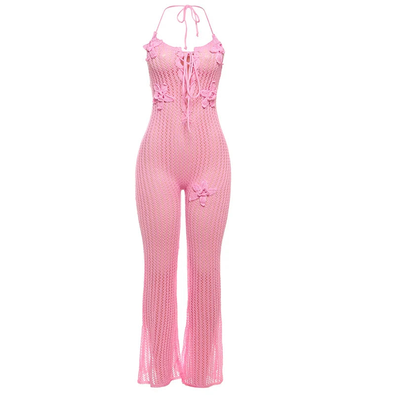 Nibber Knitted Lace-Up Jumpsuit Women Backless Halter Flower Applique Sleeveless 2025 Summer Vacation Trend Classic Overalls Aviola