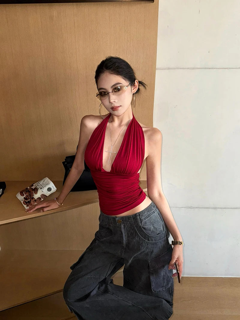 MEXZT Y2K Red Tank Top Women Streetwear Sexy Gyaru Halter Backless Corset Grunge Aesthetic V Neck Camis Summer Coquette Clothes Aviola