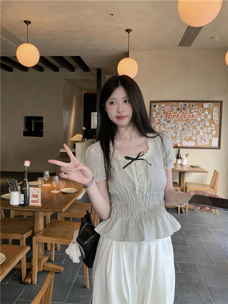 MEXZT Vintage Plaid Shirts Women Japanese Harajuku Bow Lace Patchwork Blouses Summer Kawaii Cute Puff Short Sleeve Casual Tops Aviola