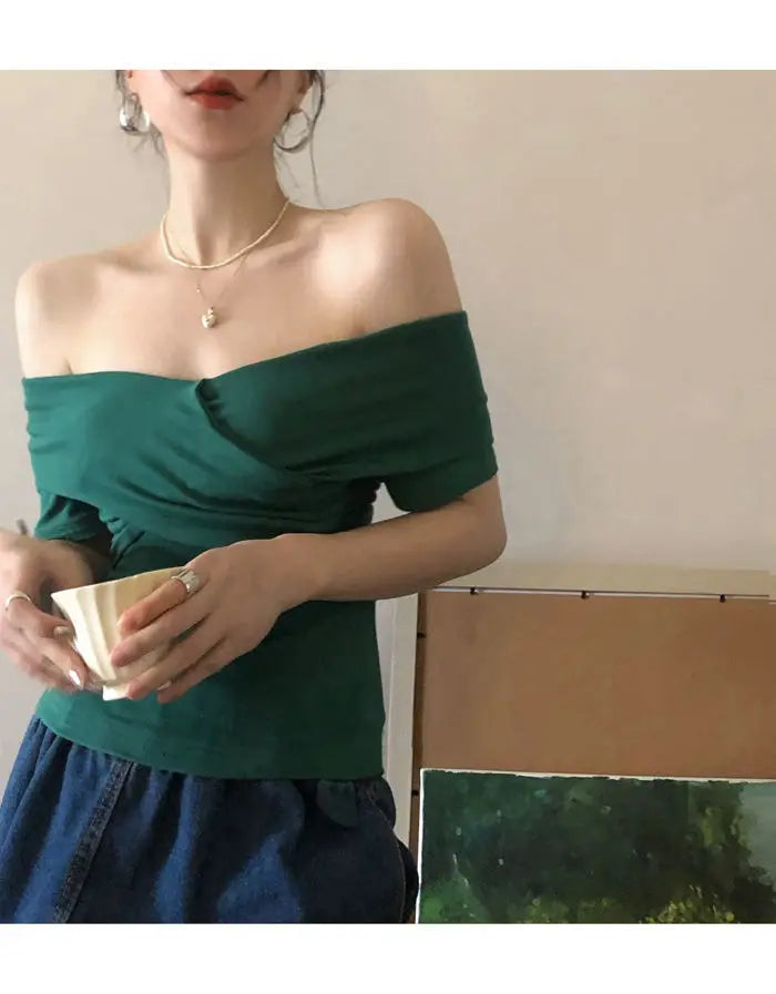 MEXZT Vintage Slash Neck T Shirts Women Streetwear Sexy Cross White Crop Tops Summer Korean Elegant Short Sleeve Design Tees New Aviola