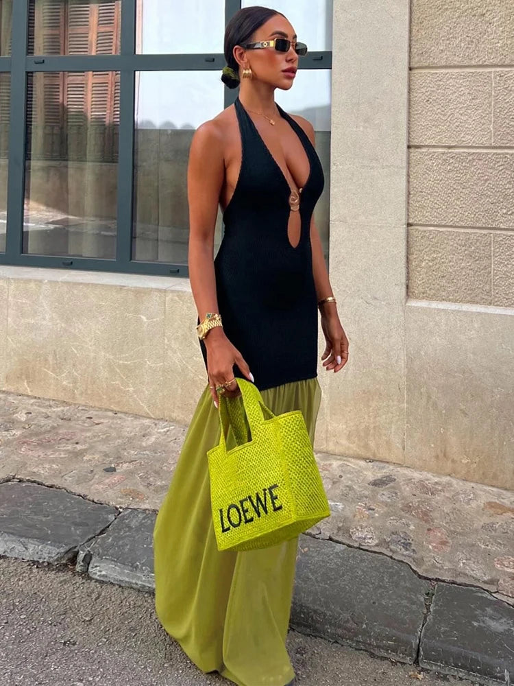 Nibber Patchwork Color-Blocking Women Dress Temperament Metal Trim Sleeveless Hollow Skinny Backless Splits Holiday Vestidos Aviola