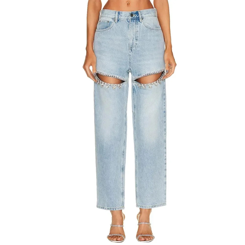 Denim Jeans for Women Streetwear Straight Pants Hole Diamonds Mid Waist Washed Distressed 2025 Casual Mom Ankle Length Trousers Aviola