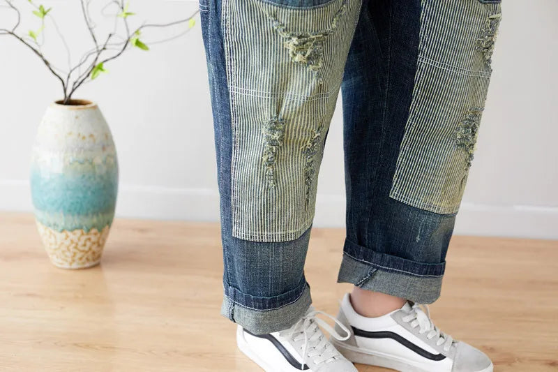 Women Jean Ripped Hole Overalls Ankle Length Denim Pants One Piece Distressed Jeans High Street Spliced Loose Washed Vintage Aviola