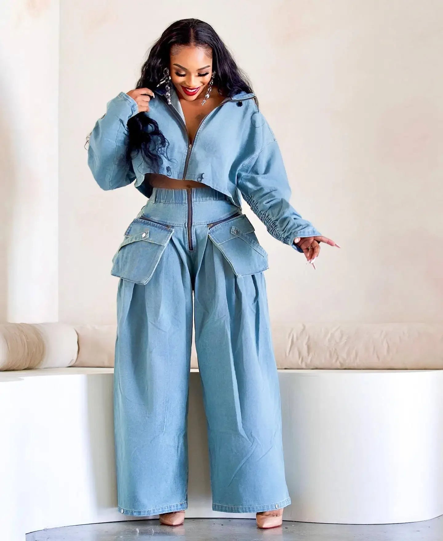 Denim Two Piece Sets Women Coat Jacket Wide Leg Pants Jeans Suits Matching Sets Trousers Outfits 2025 Y2k Streetwear Party Aviola