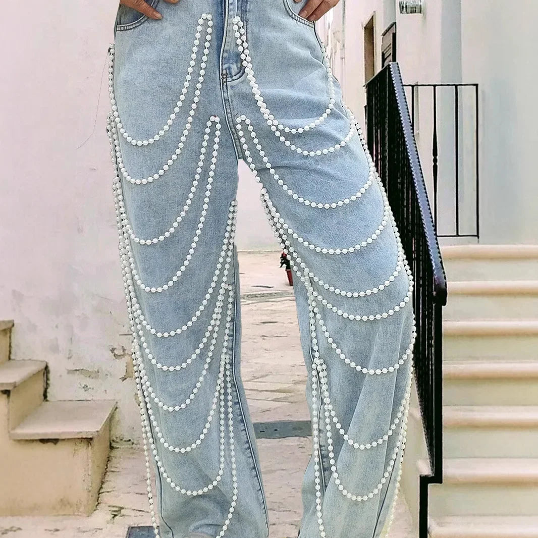 Straight Pants Women Jeans High Waist Beading Washed Distressed Vintage Mom Pockets Button 2025 Streetwear Y2k Denim Trousers Aviola