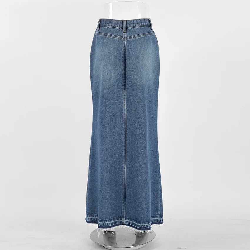 Denim Long Skirt Women Split Skirts Stretch High Waist Pockets Washed Distressed Mom Jeans 2025 Summer Streetwear Vintage A Line Aviola