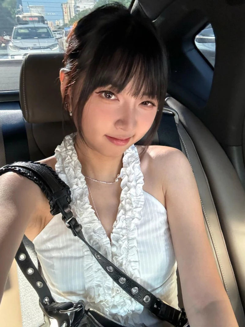 MEXZT Y2K Cropped White Shirts Women Aesthetic Sexy Halter Ruffles Blouses Summer Korean Fashion Off Shoulder Slim Design Tops Aviola