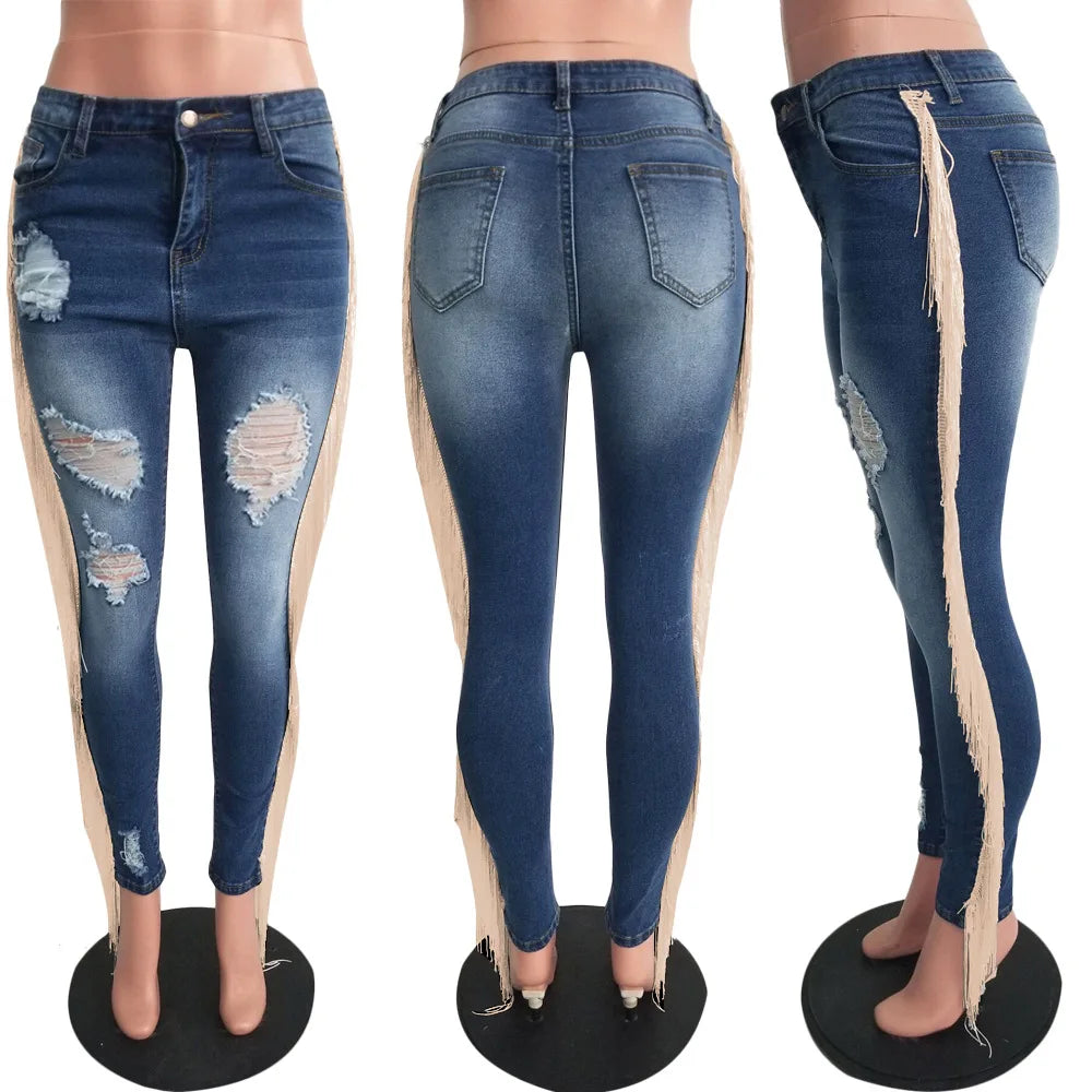 Denim Pants Women Mom Jeans Hole Long Pants Tassel High Waist Straight Trousers Y2k Bodycon Slim Fit Splice Streetwear 2025 Aviola